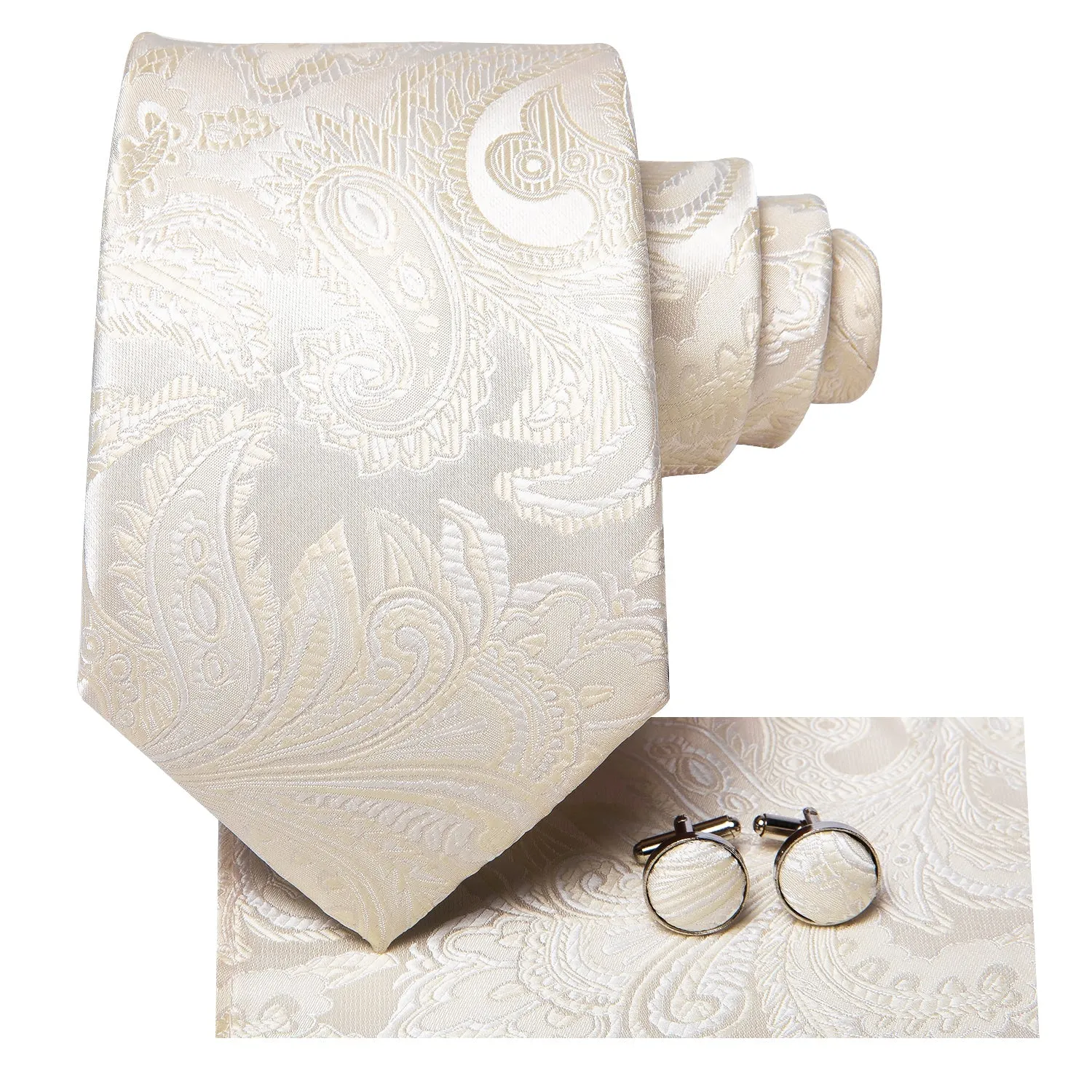 Hi-Tie Light Beige Paisley Men's Necktie Pocket Square Cufflinks Set