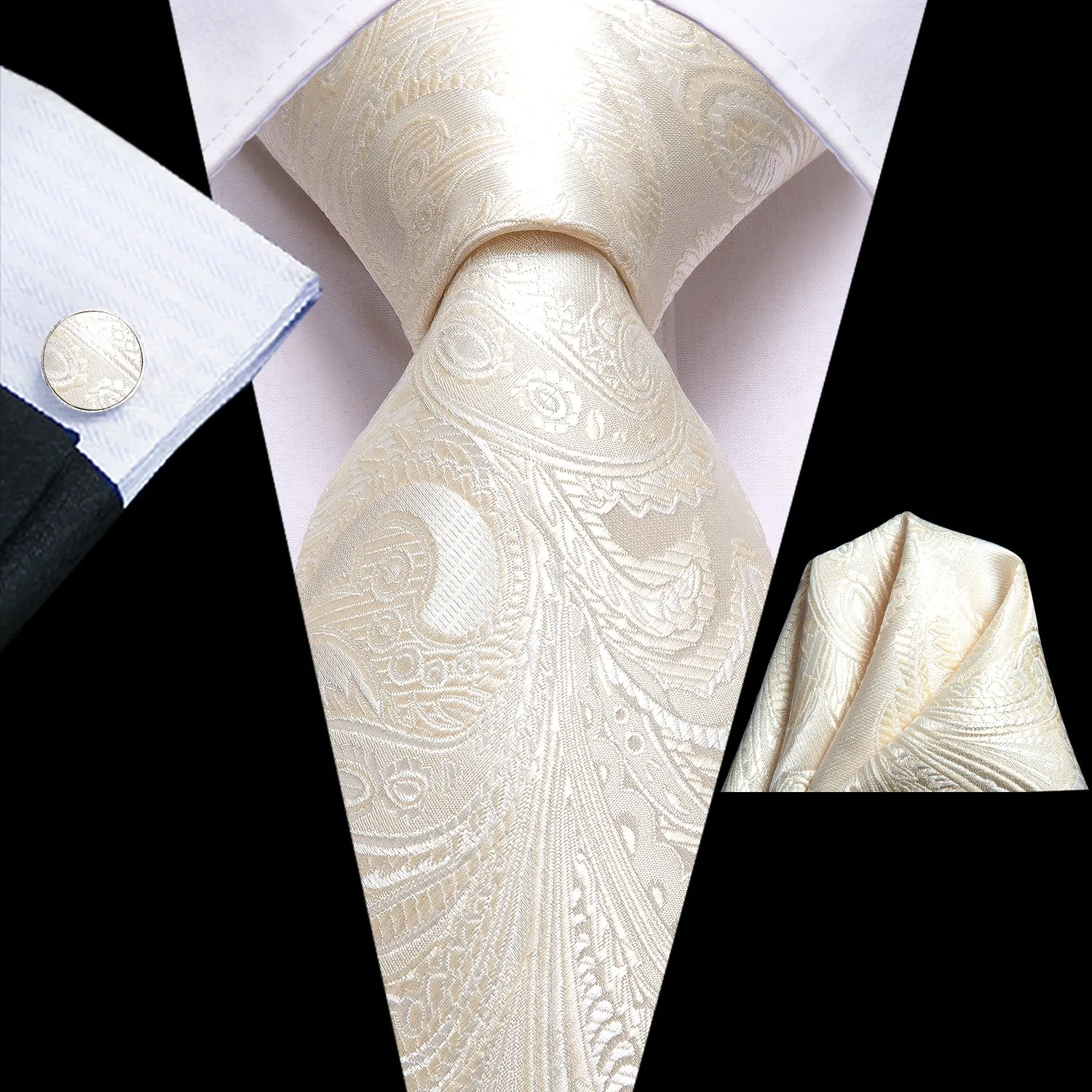 Hi-Tie Light Beige Paisley Men's Necktie Pocket Square Cufflinks Set