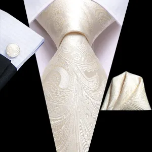 Hi-Tie Light Beige Paisley Men's Necktie Pocket Square Cufflinks Set