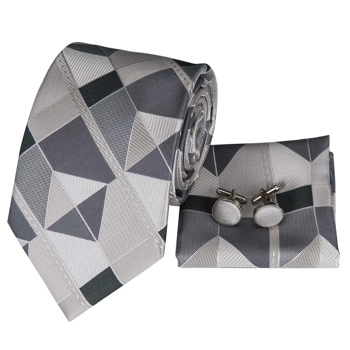 Hi-Tie Men's Grey Beige Novelty Plaid Tie Pocket Square Cufflinks Set