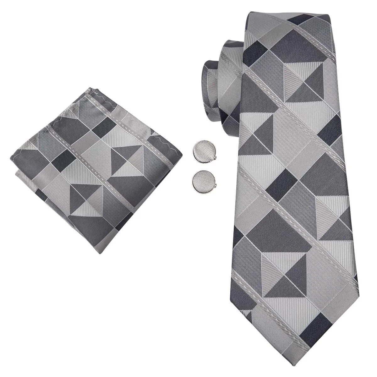 Hi-Tie Men's Grey Beige Novelty Plaid Tie Pocket Square Cufflinks Set