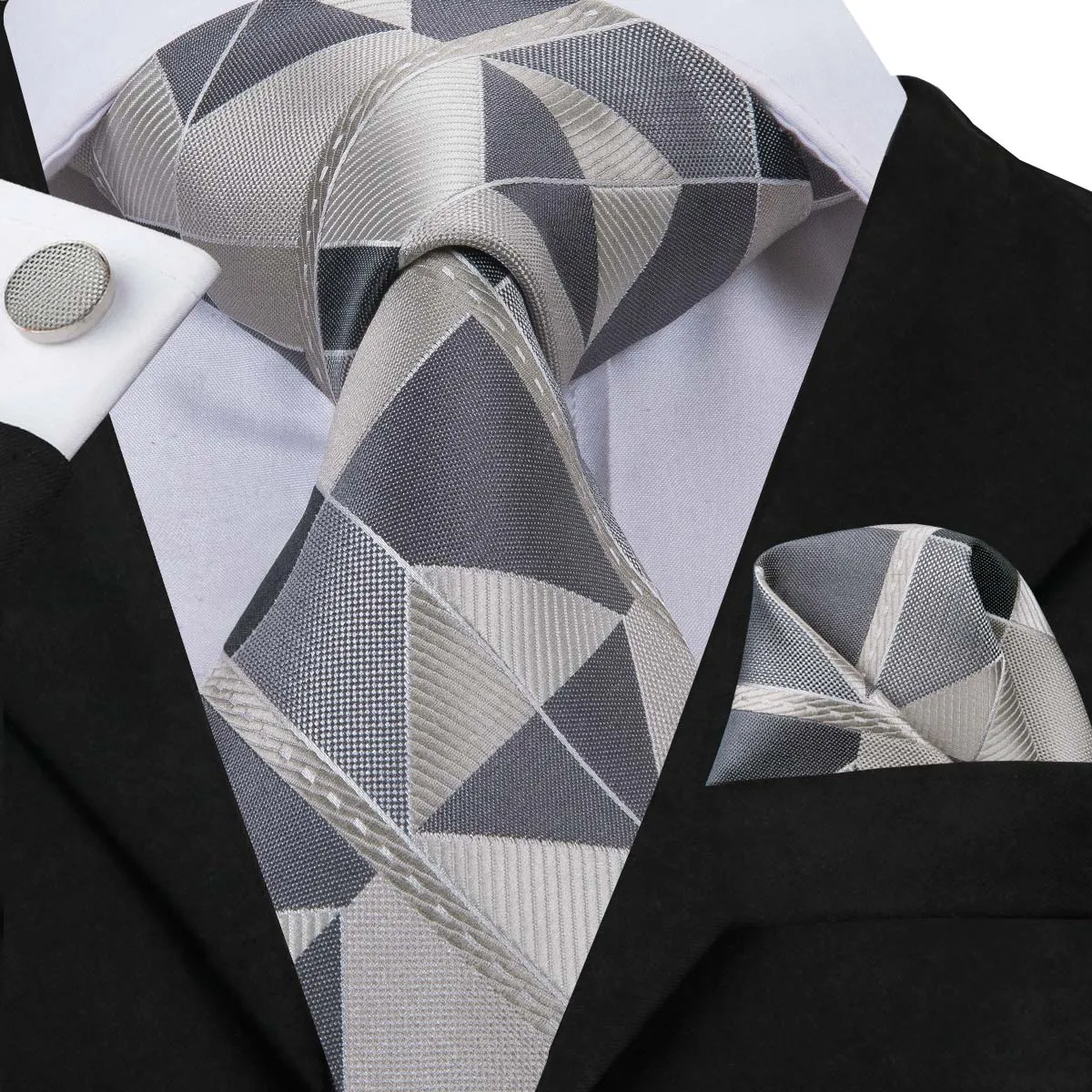 Hi-Tie Men's Grey Beige Novelty Plaid Tie Pocket Square Cufflinks Set