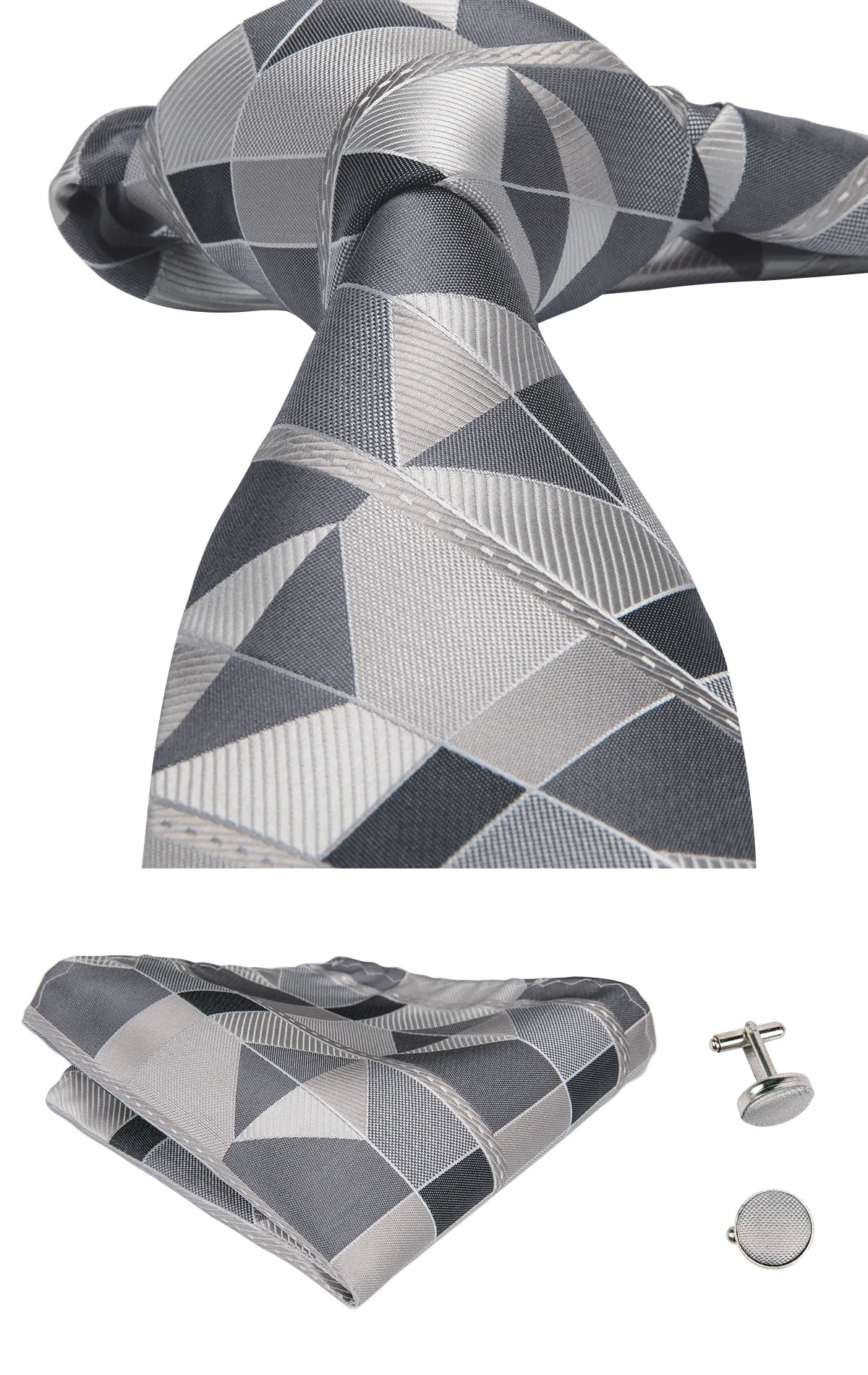 Hi-Tie Men's Grey Beige Novelty Plaid Tie Pocket Square Cufflinks Set