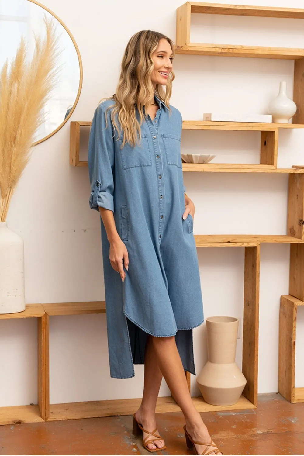 High-Low Button Up Roll-Tab Sleeve Denim Dress