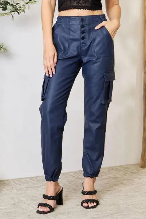 High waist vegan leather cargo joggers