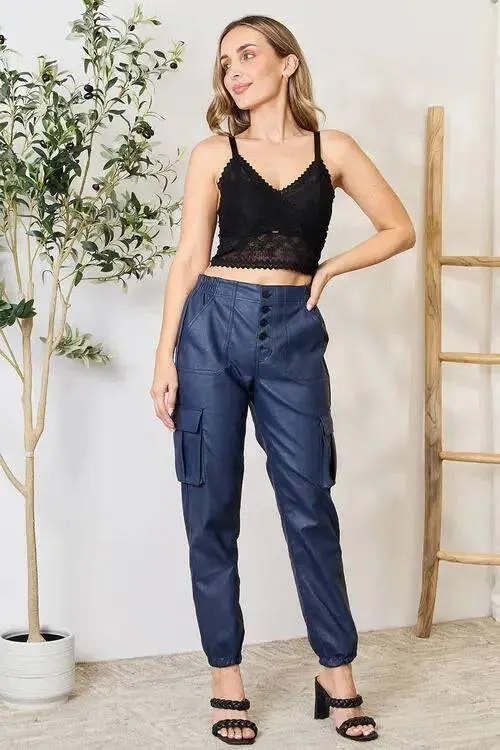 High waist vegan leather cargo joggers