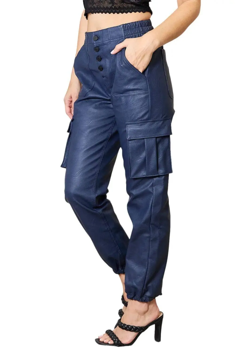 High waist vegan leather cargo joggers