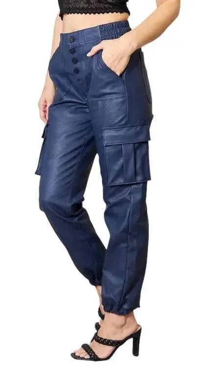 High waist vegan leather cargo joggers