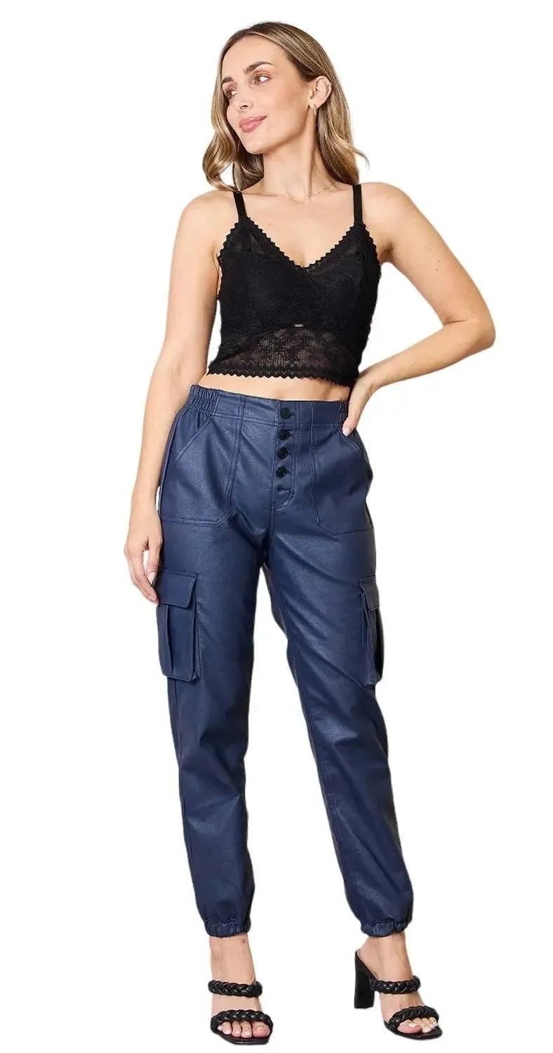 High waist vegan leather cargo joggers