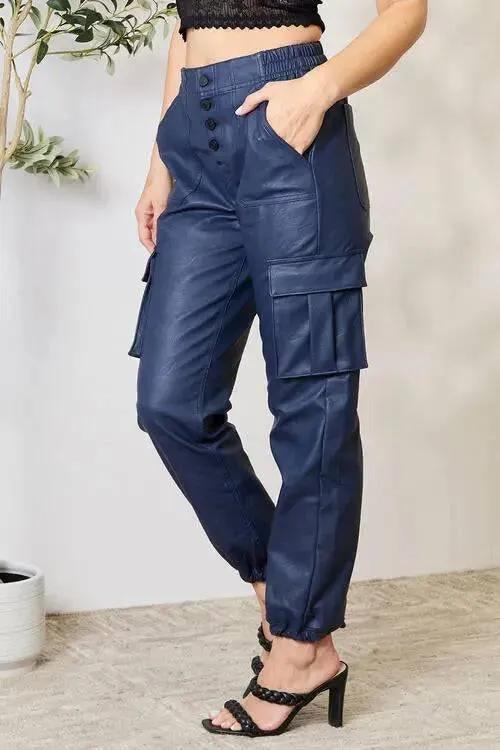 High waist vegan leather cargo joggers