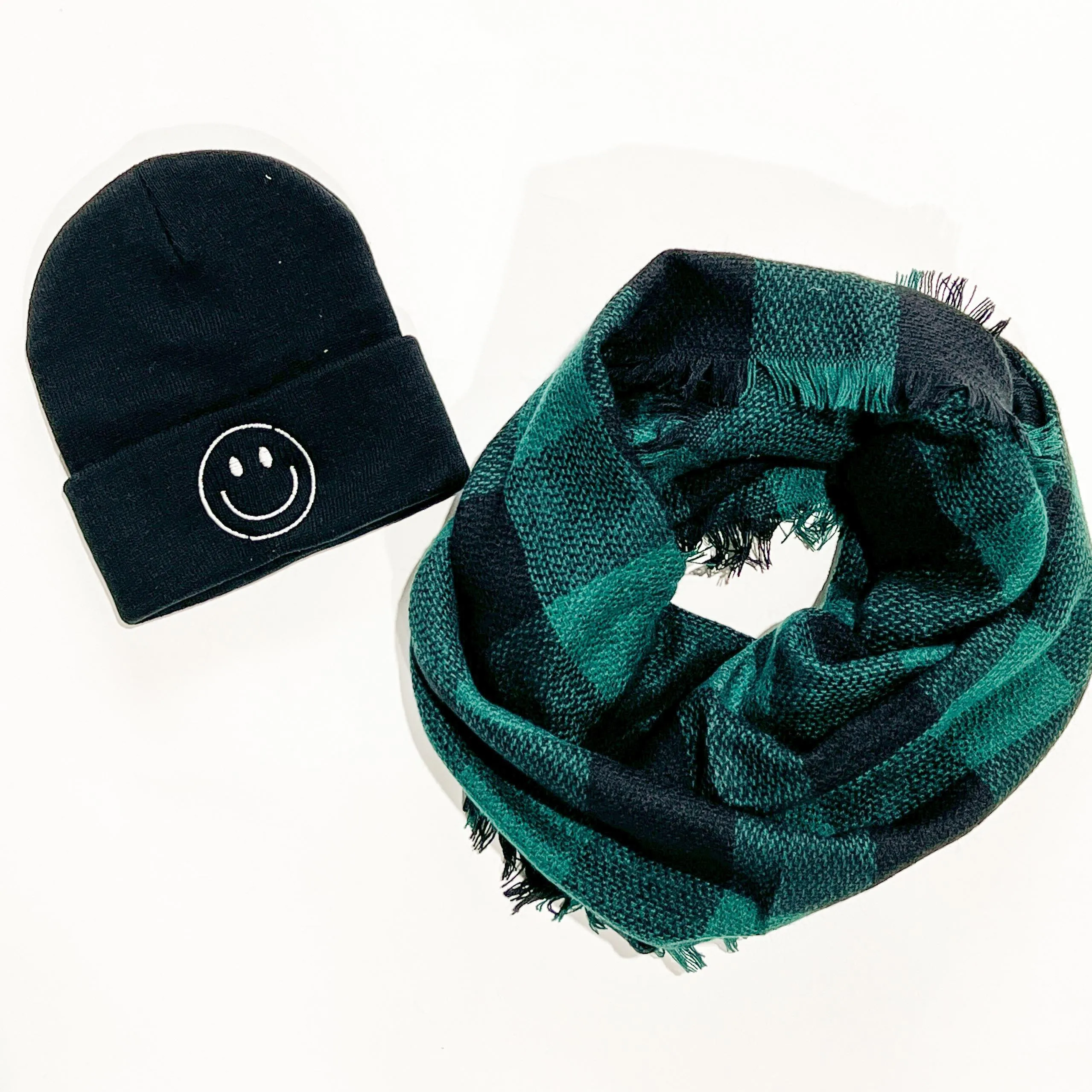 Hunter Green Buffalo Plaid Scarf & Smile Beanie Set