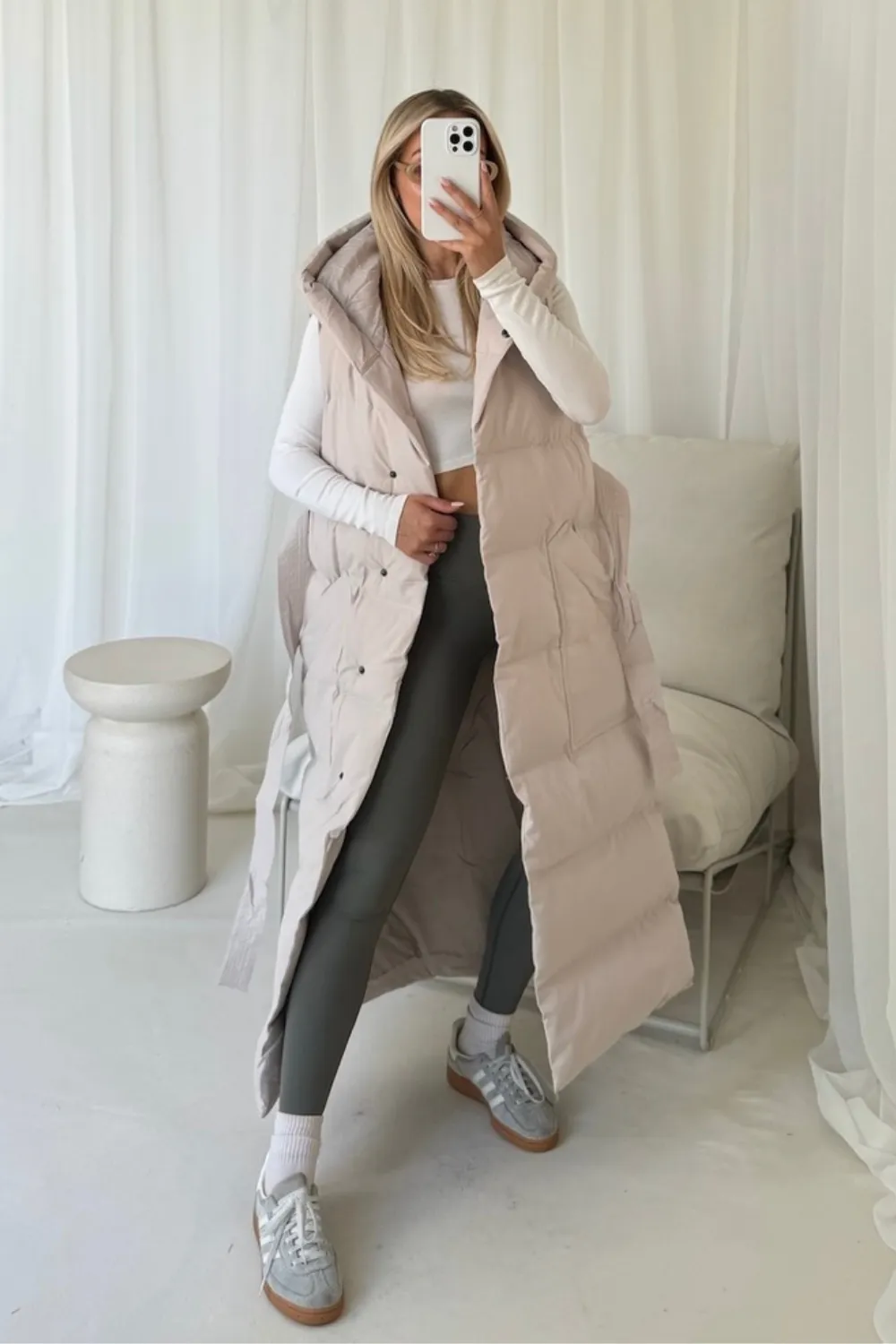 Jasmine cream padded long hooded gilet