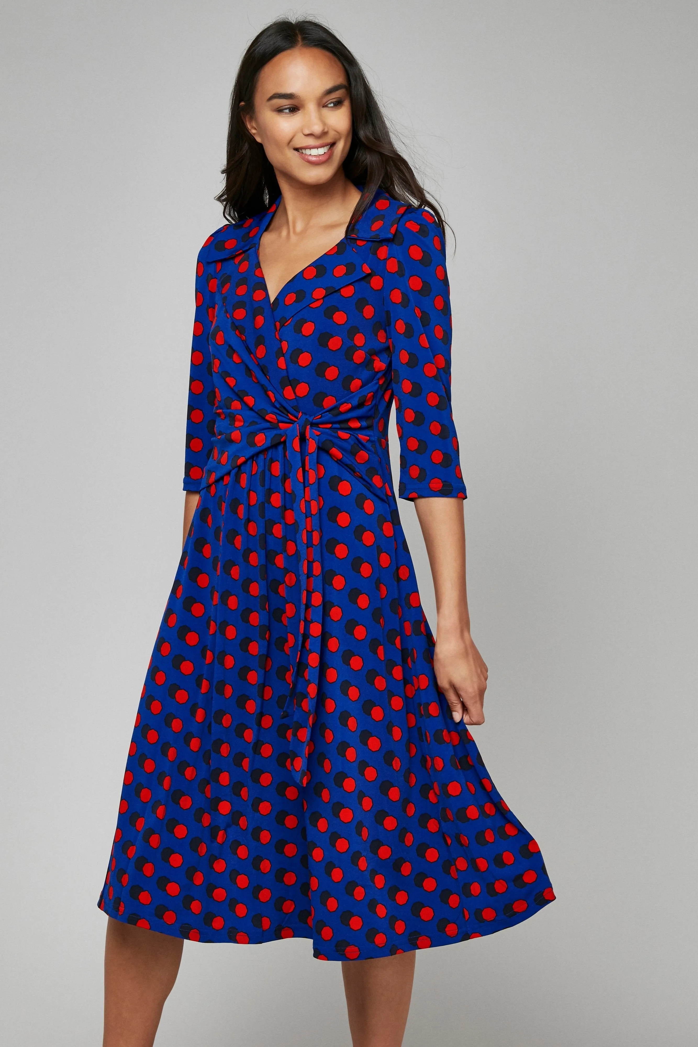 Jolie Moi Vintage Cross Front Jersey Tea Dress, Royal Polka