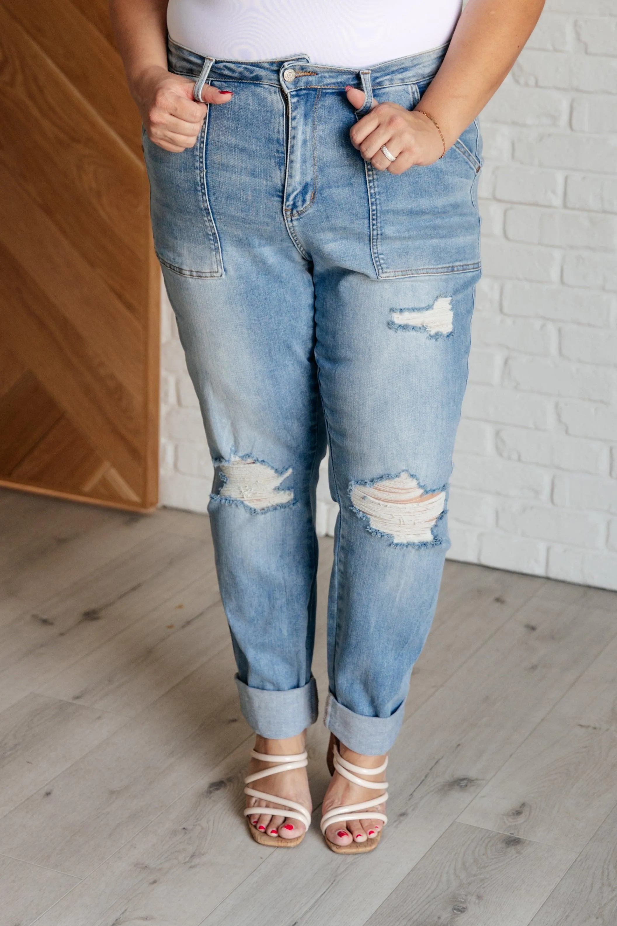 Judy Blue High Rise Patch Pocket Distressed Boyfriend Jeans