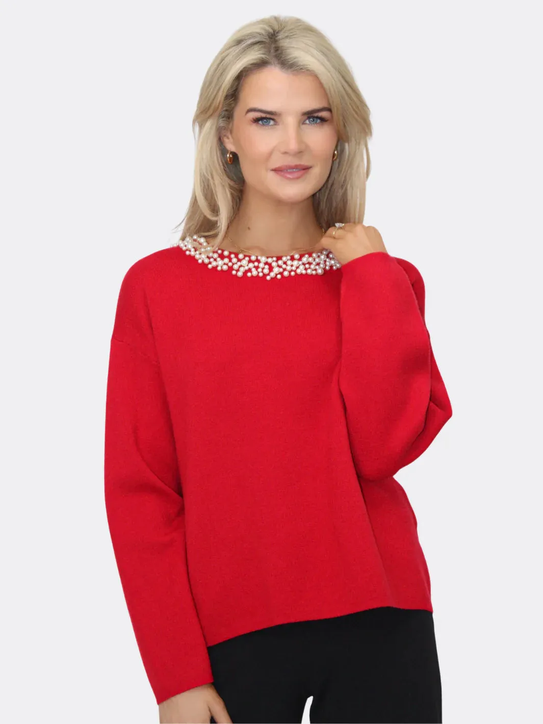 Kate And Pippa Annabella Knit with Pearl embellished neckline. Red Black White