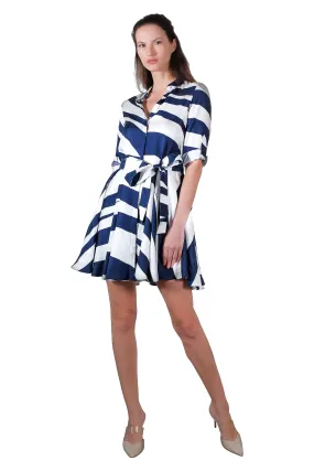 Kelly Silk Shirt Dress in White and Blue Print