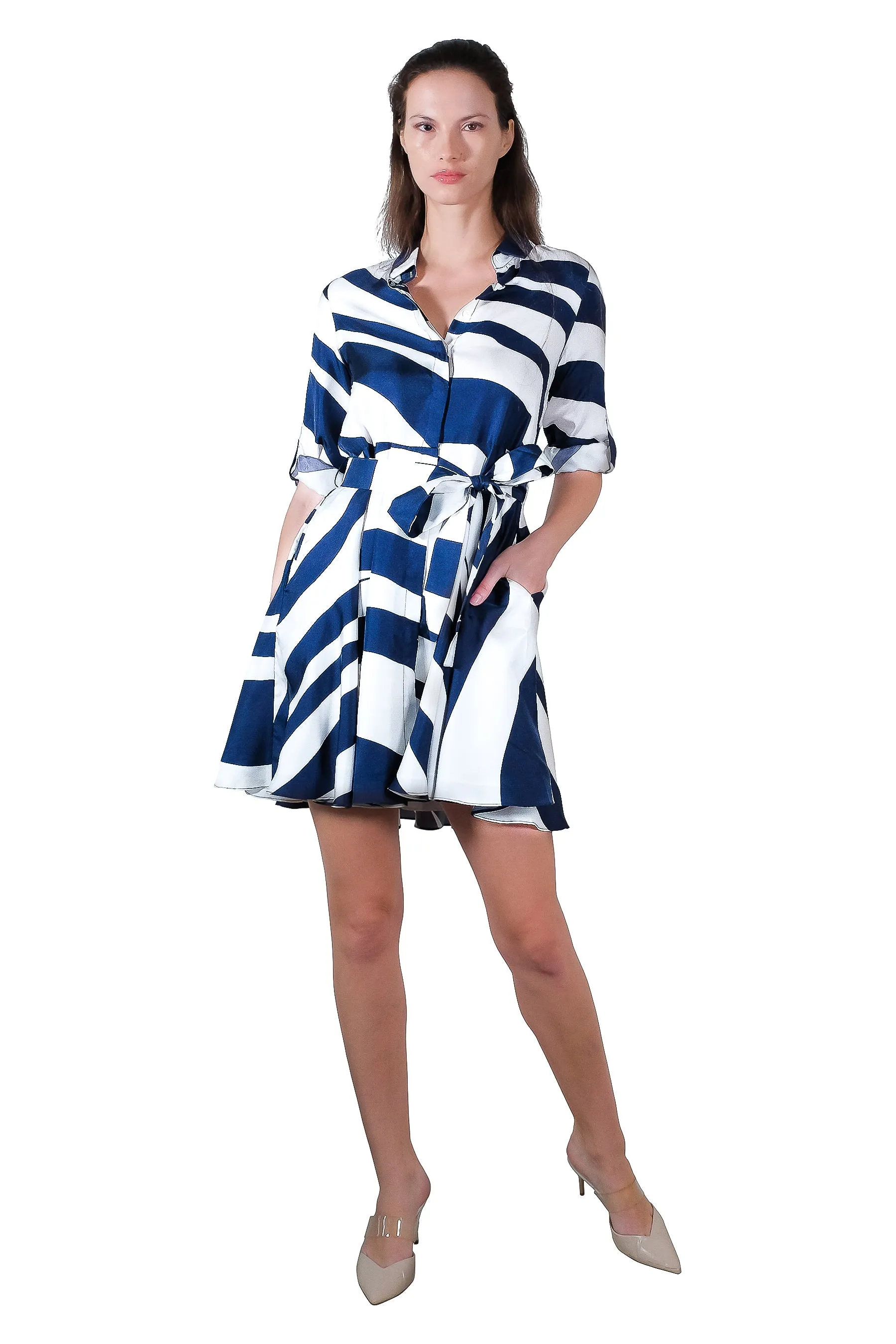 Kelly Silk Shirt Dress in White and Blue Print