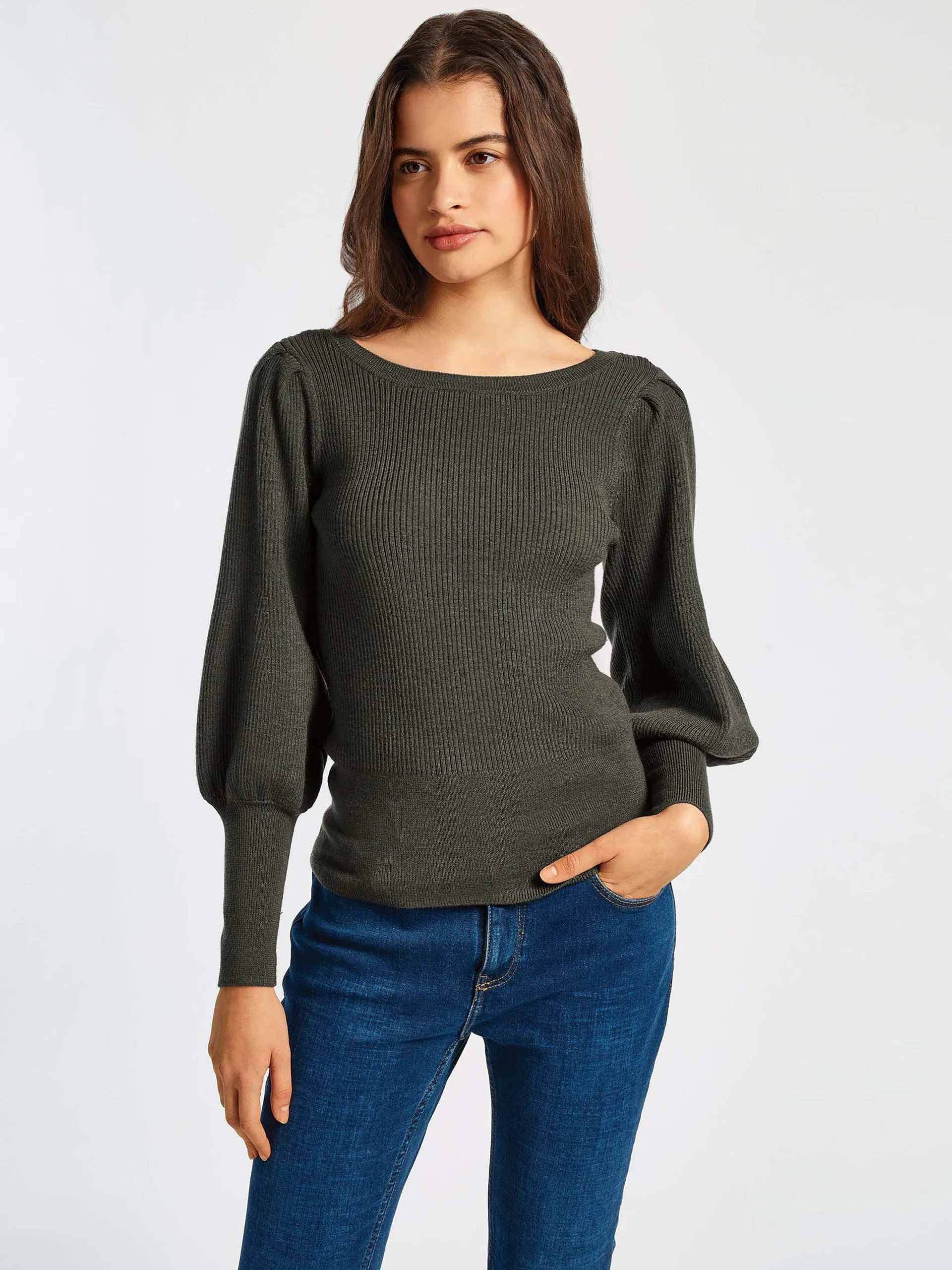 Khaki Eva wool boat neck jumper