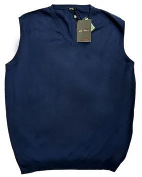 Kiton Sleeveless Sweater Lapis Blue Cashmere Silk V-Neck EU 56 / XXL