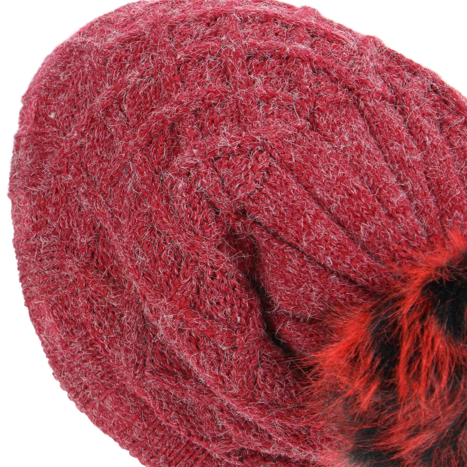 Knitted Slouch Bobble Beanie Hat with Super Soft Fleece Lining - Red