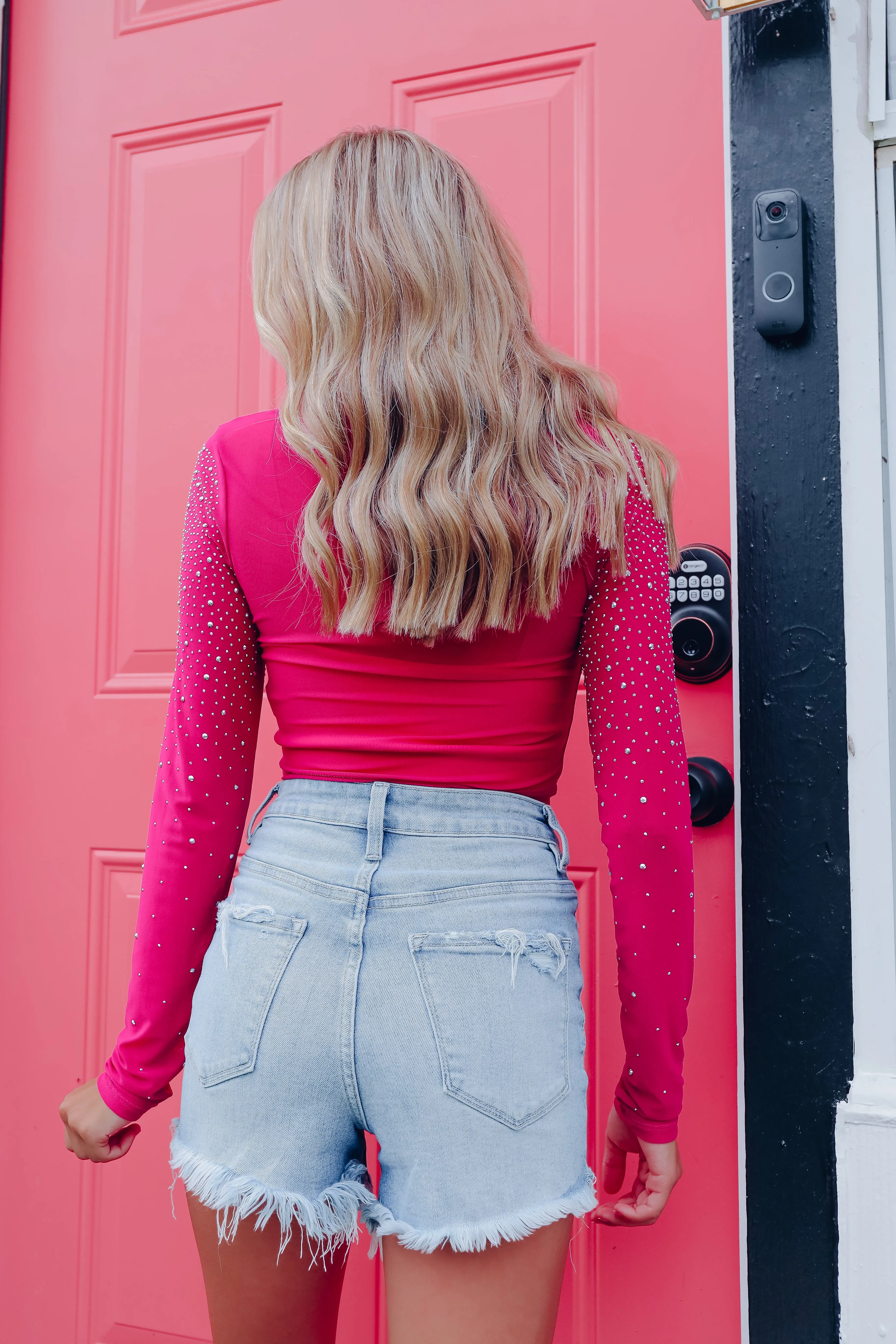 Lida Rhinestone Mesh Crop Top - Magenta