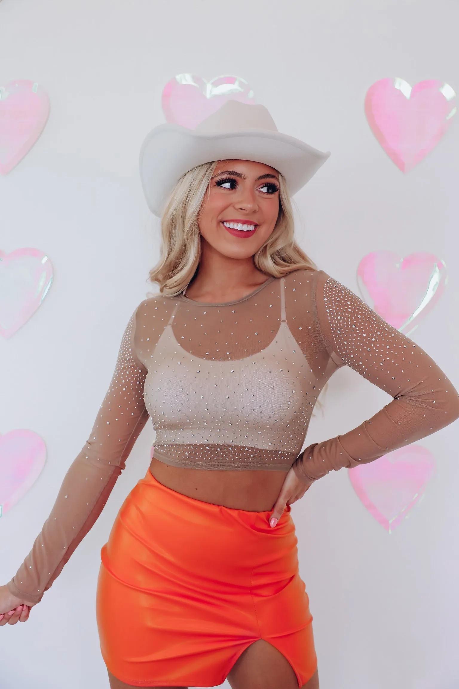 Lida Rhinestone Mesh Crop Top - Nude