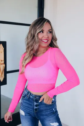 Lida Rhinestone Mesh Crop Top - Pink