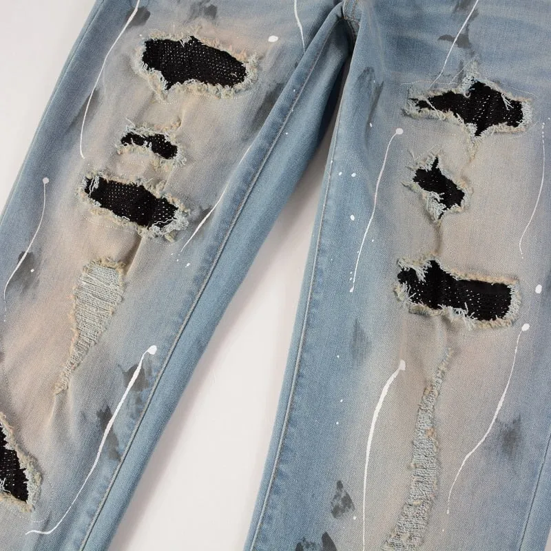 Light Blue Distressed Onyx Rhinestone Slim Jeans