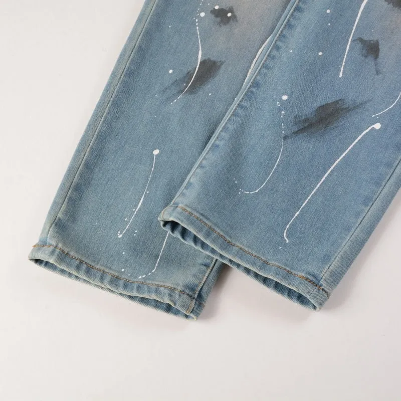 Light Blue Distressed Onyx Rhinestone Slim Jeans