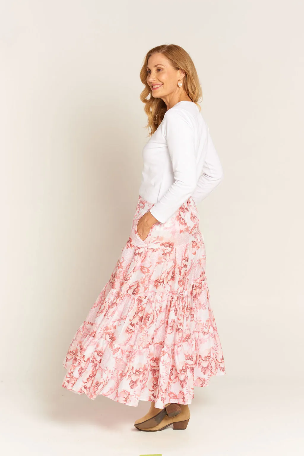 Linen Tiered Skirt Pink Floral