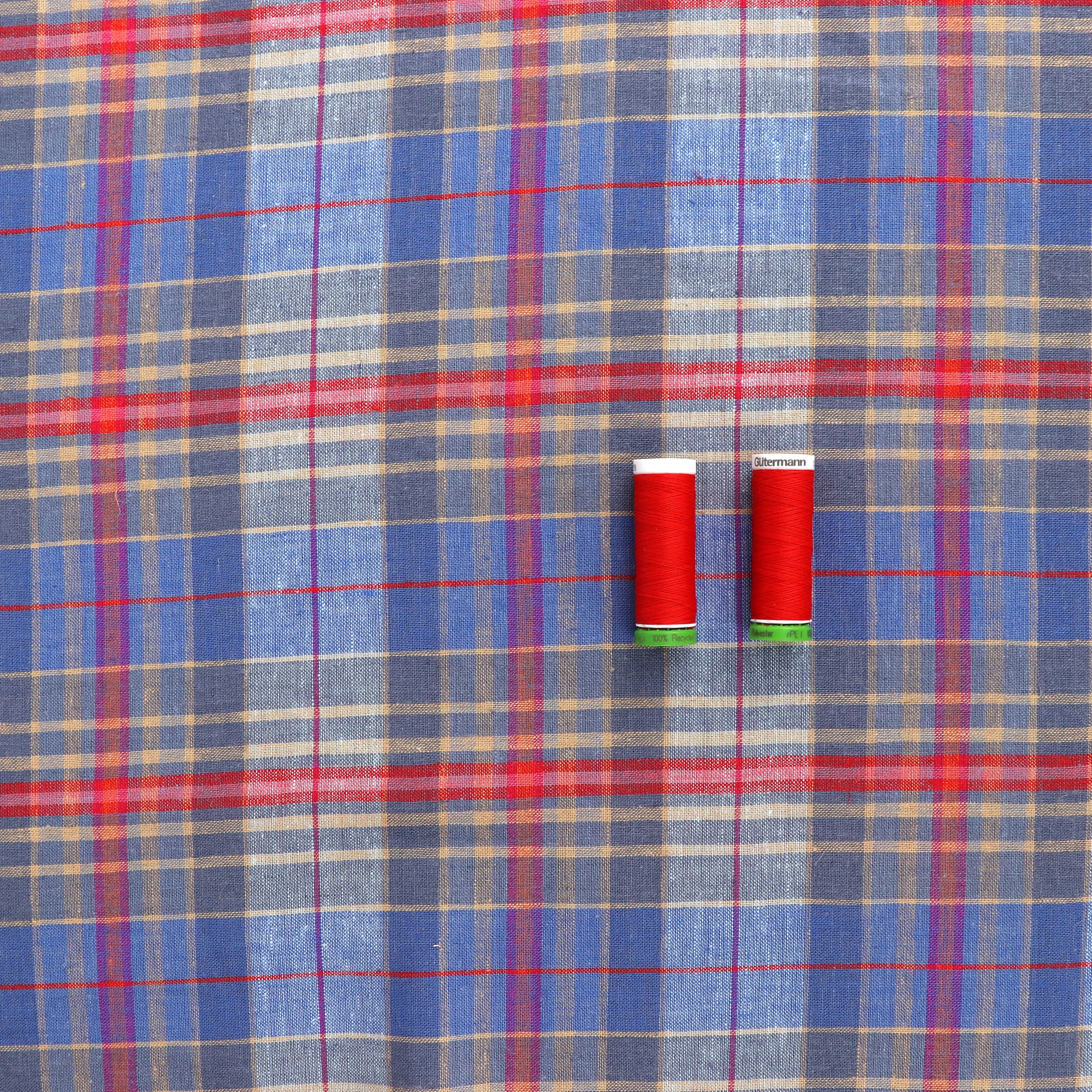 Linen Viscose - Yarn Dyed Check - Blue   Red - SALE