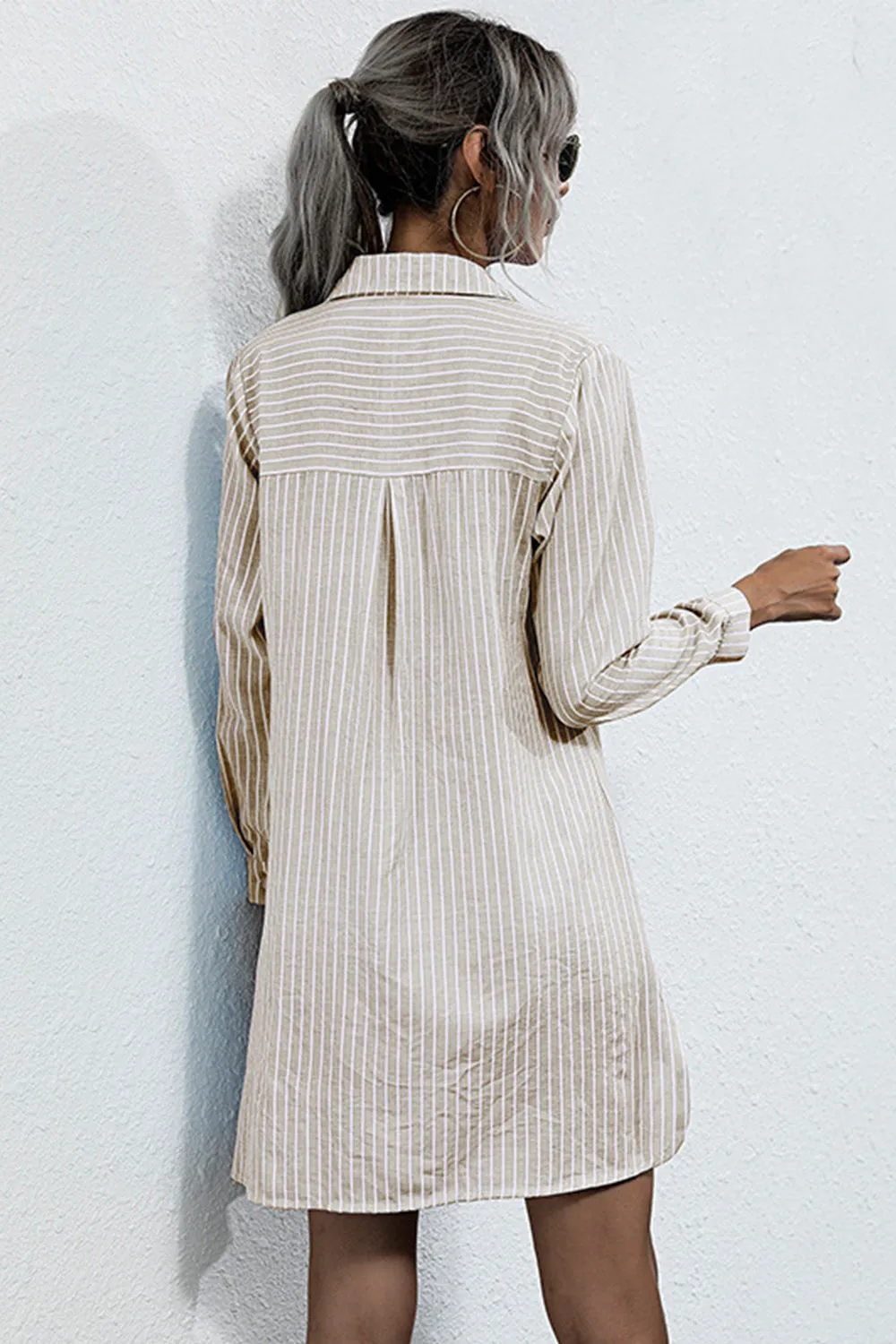 Long-sleeves Laces Hollow Stripes Shirt Dress