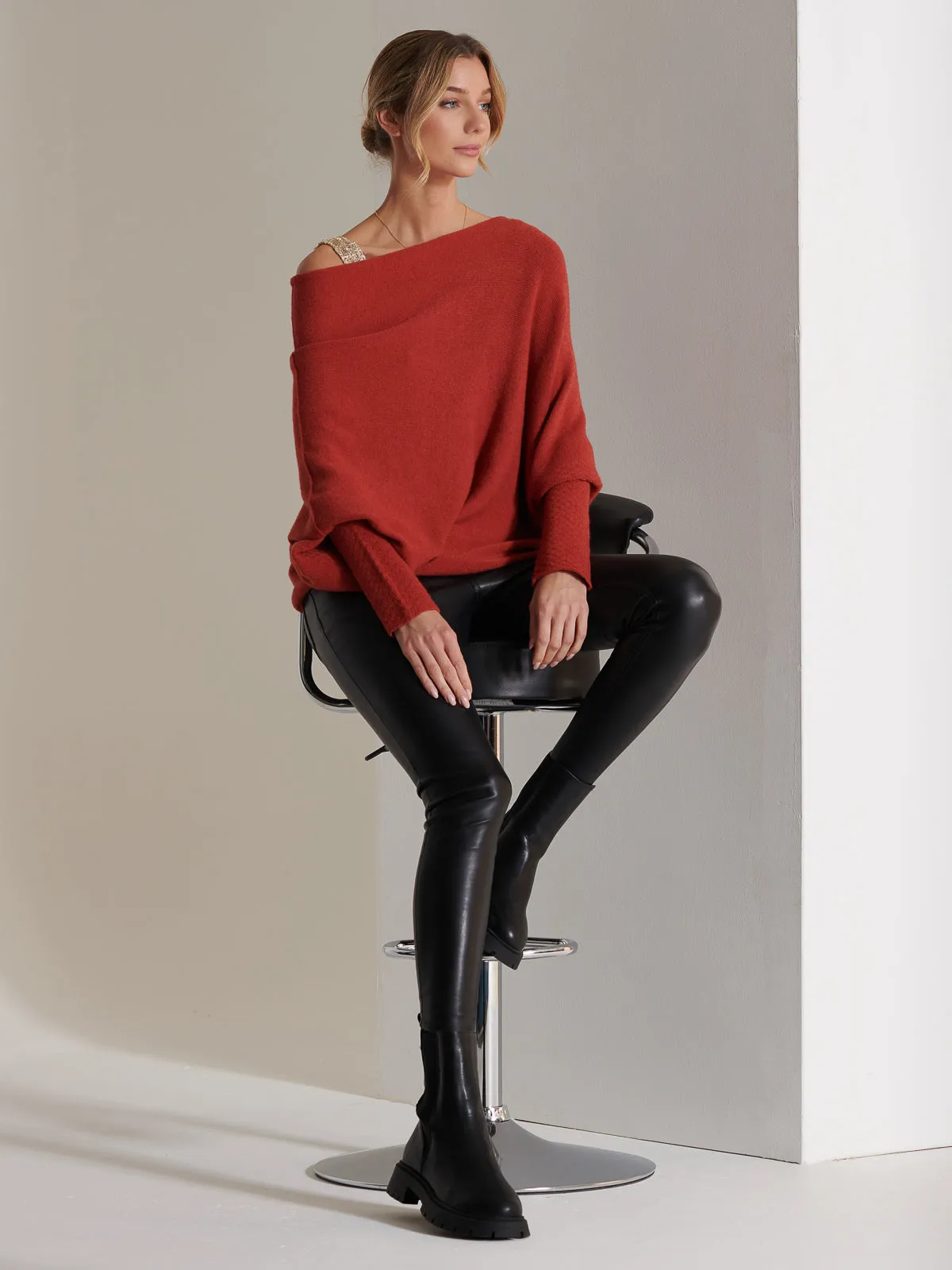 Made in Italy Asymmetric Draped Knit Jumper, Brick Red