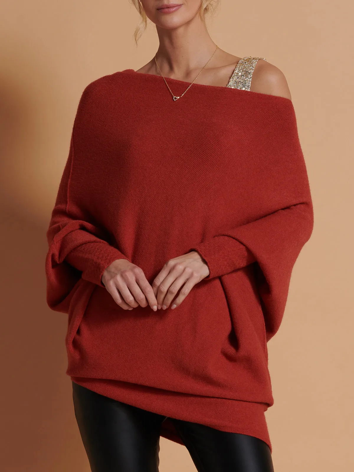 Made in Italy Asymmetric Draped Knit Jumper, Brick Red