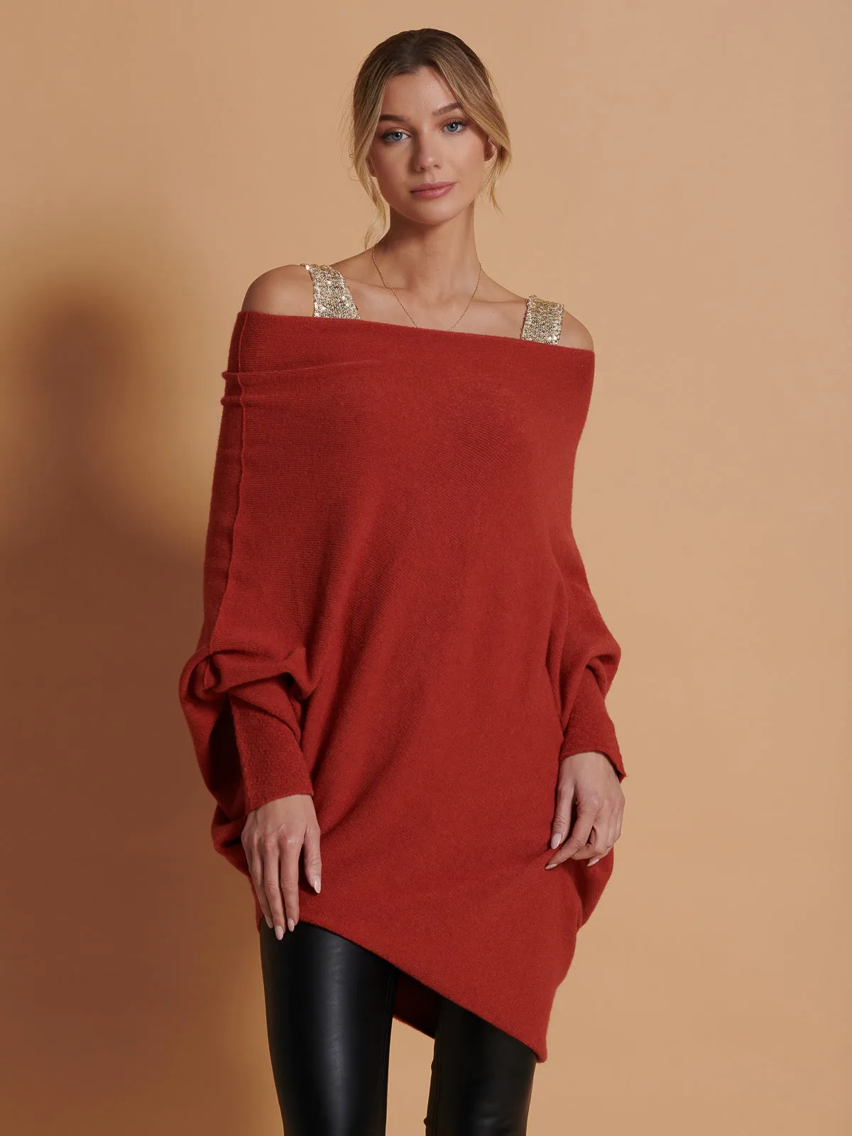 Made in Italy Asymmetric Draped Knit Jumper, Brick Red