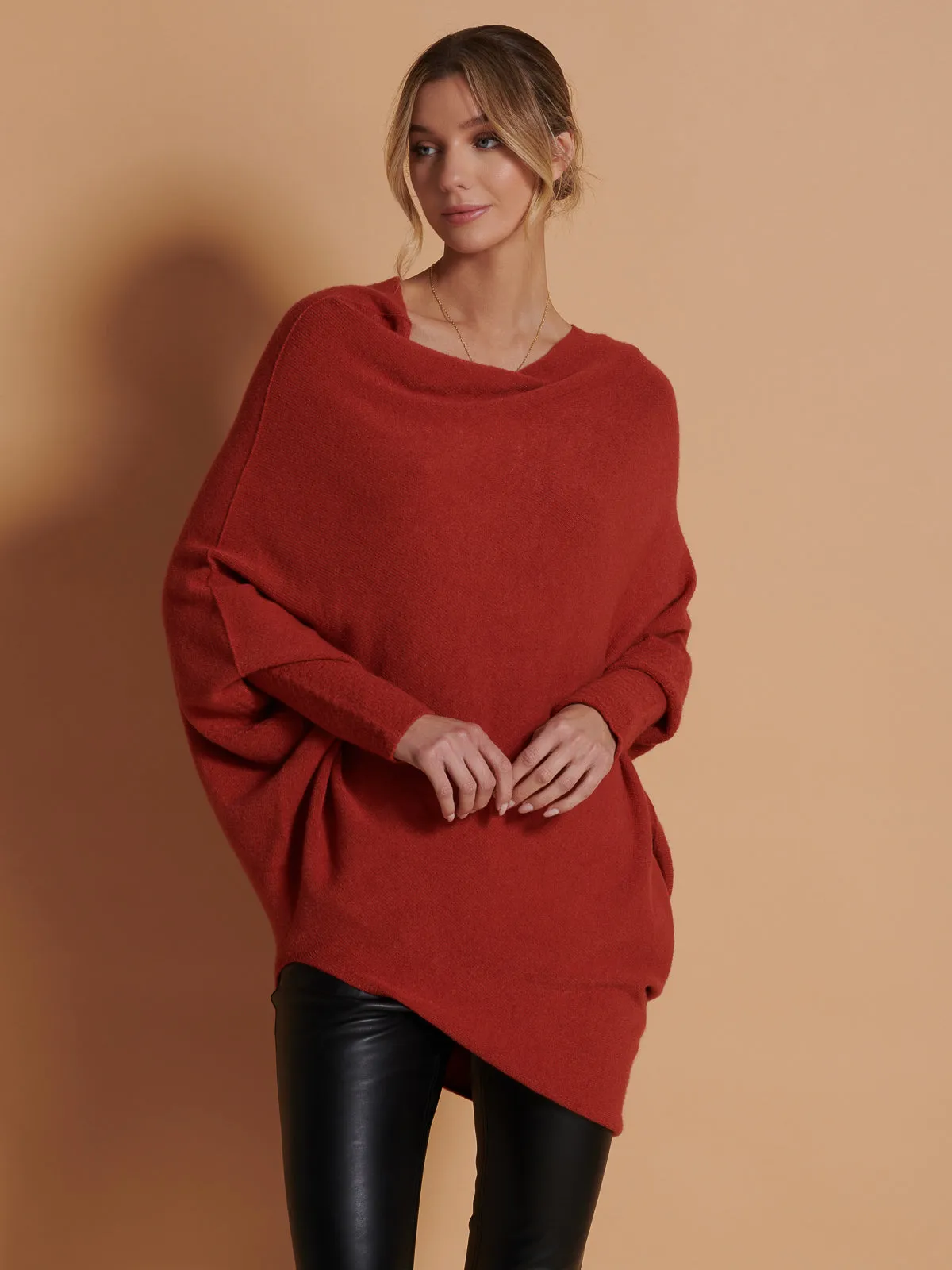 Made in Italy Asymmetric Draped Knit Jumper, Brick Red