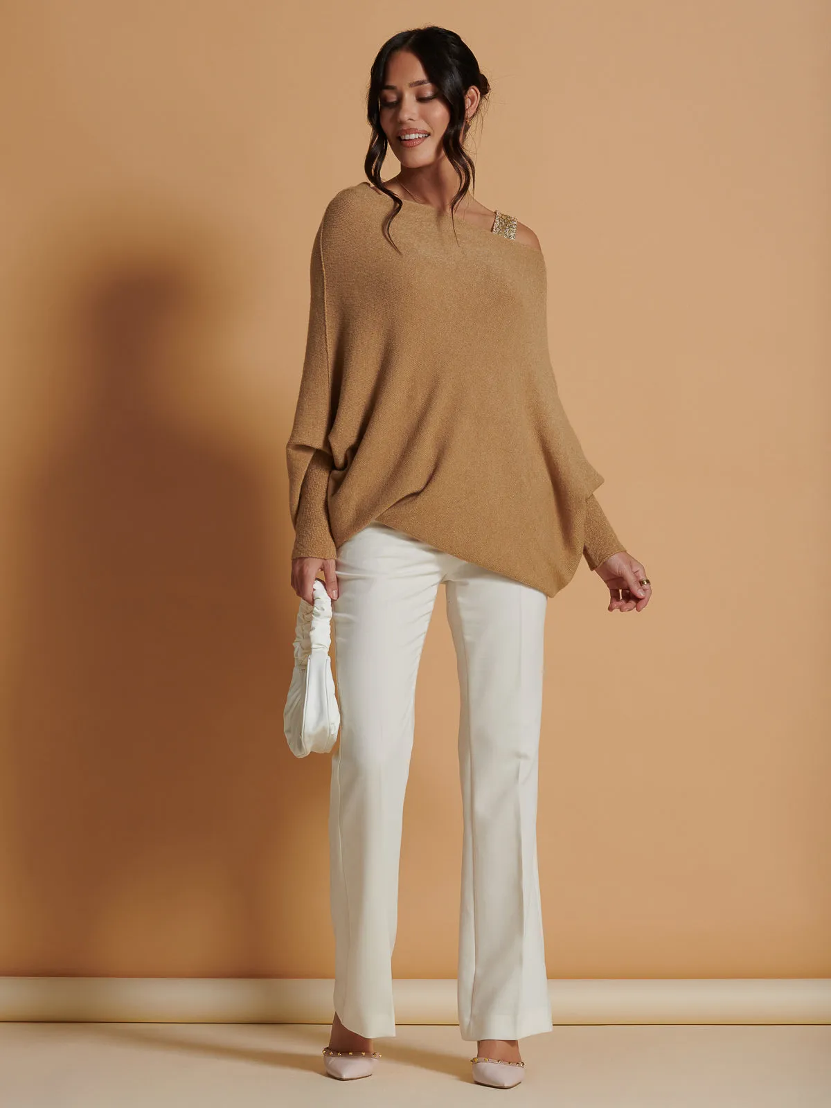 Made in Italy Asymmetric Draped Knit Jumper, Camel