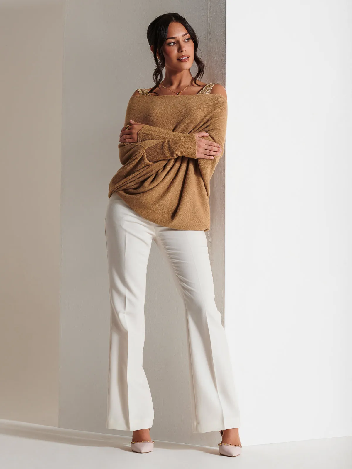 Made in Italy Asymmetric Draped Knit Jumper, Camel