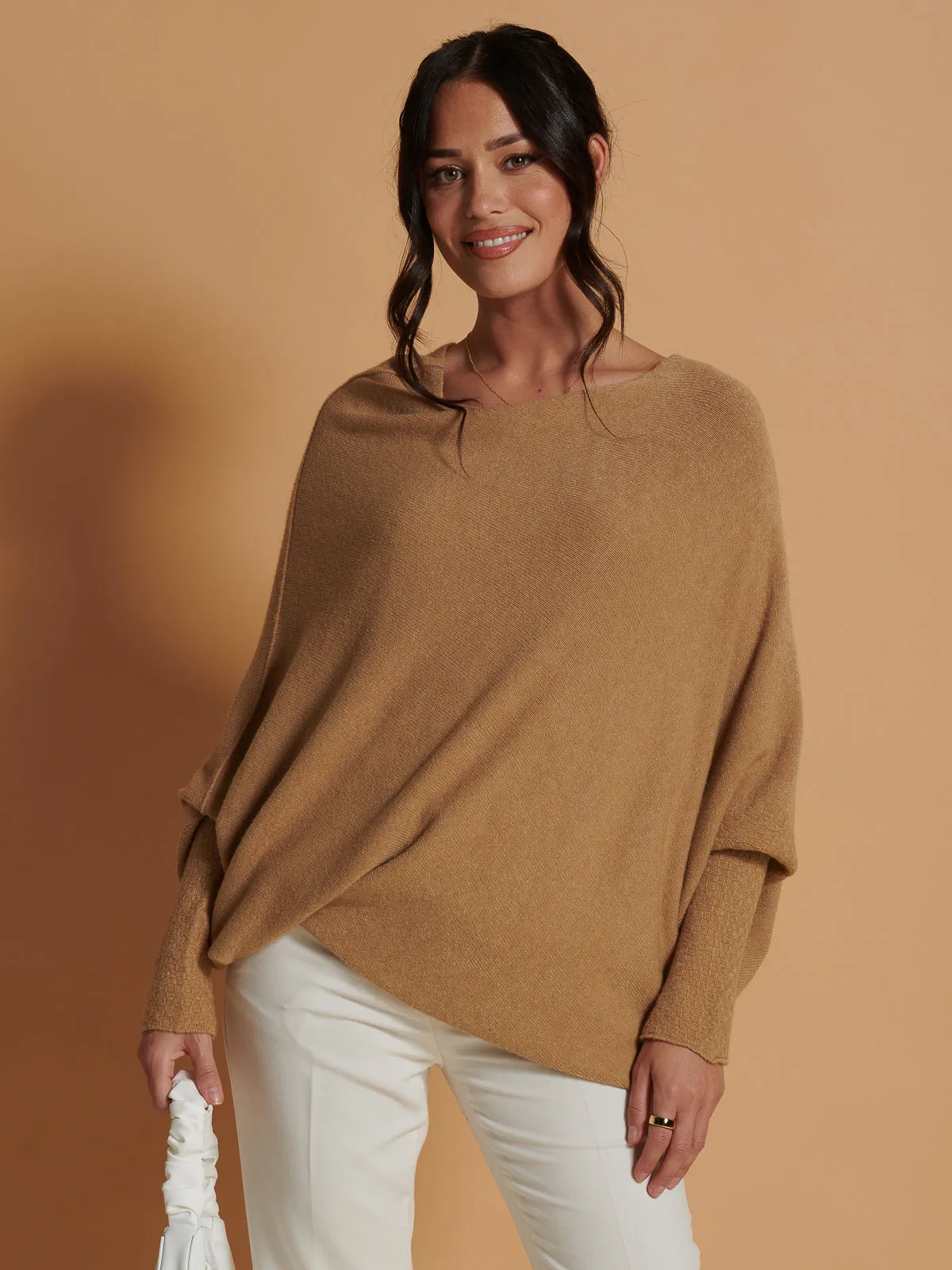 Made in Italy Asymmetric Draped Knit Jumper, Camel