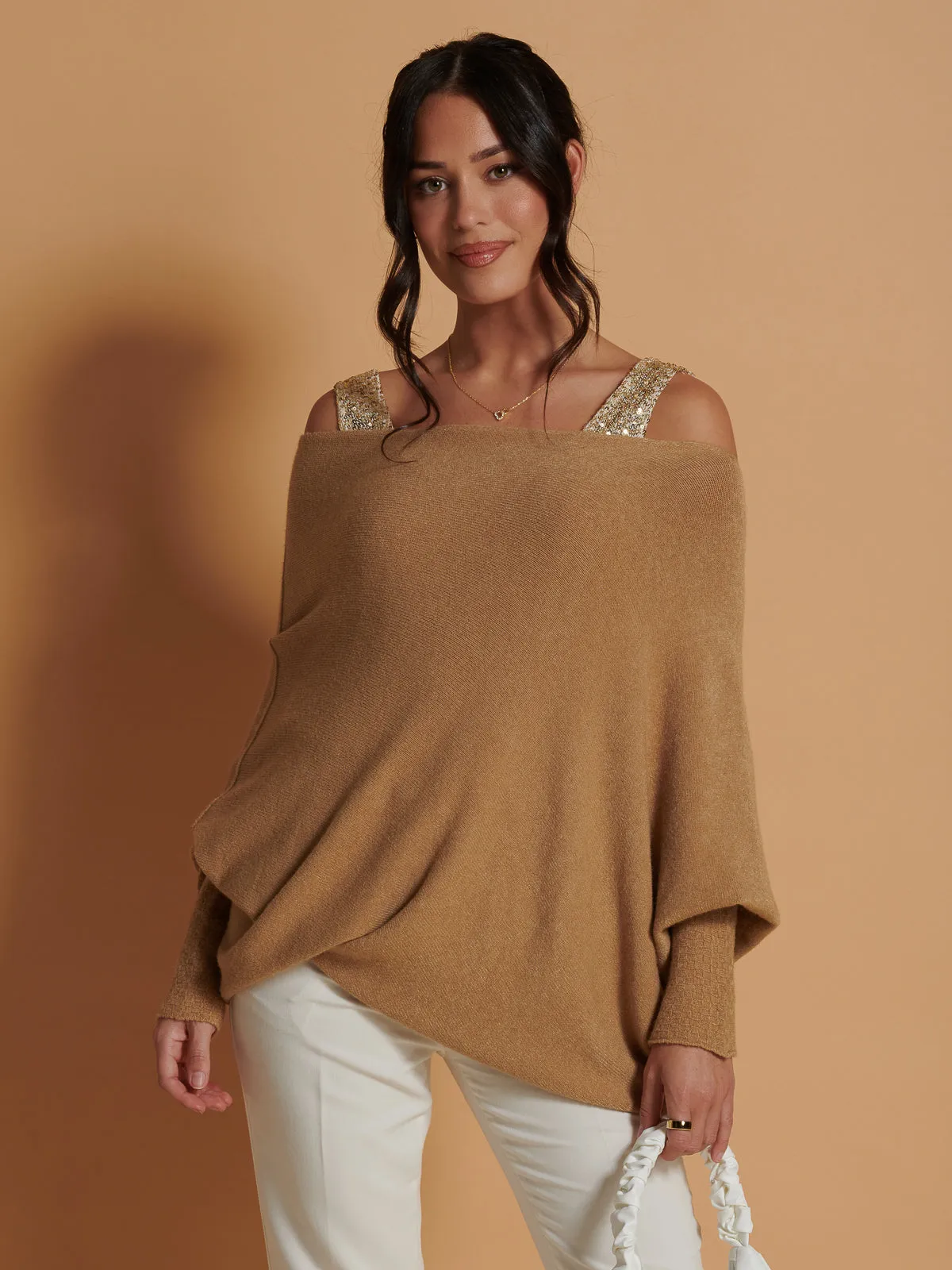 Made in Italy Asymmetric Draped Knit Jumper, Camel