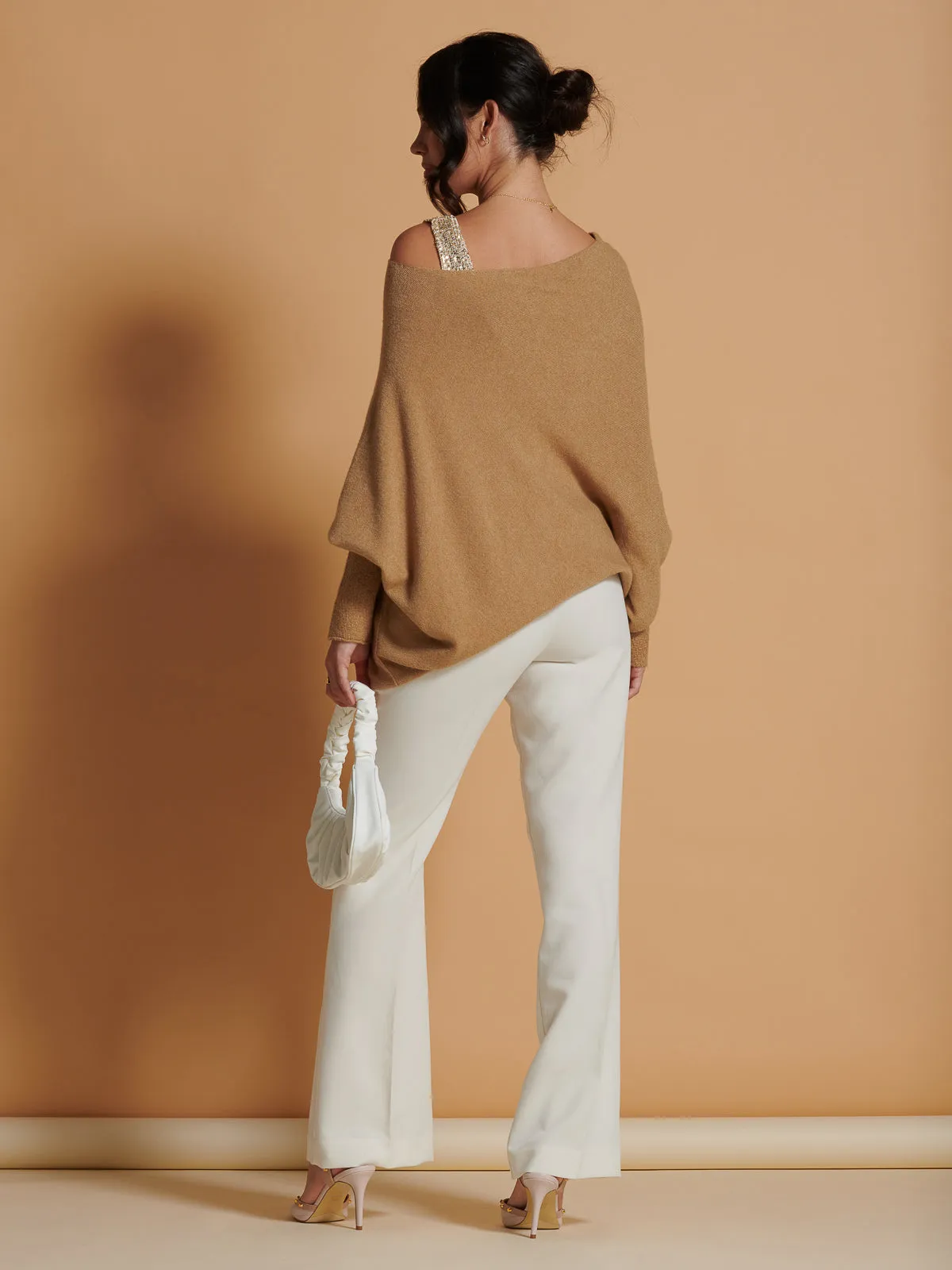 Made in Italy Asymmetric Draped Knit Jumper, Camel