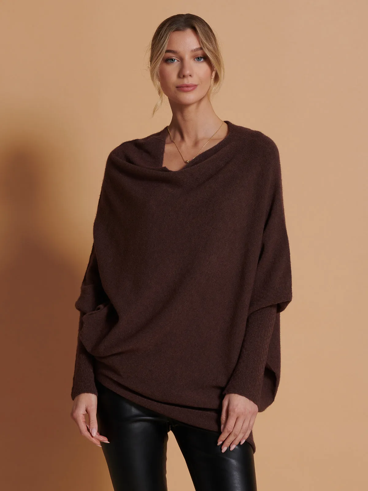 Made in Italy Asymmetric Draped Knit Jumper, Chocolate