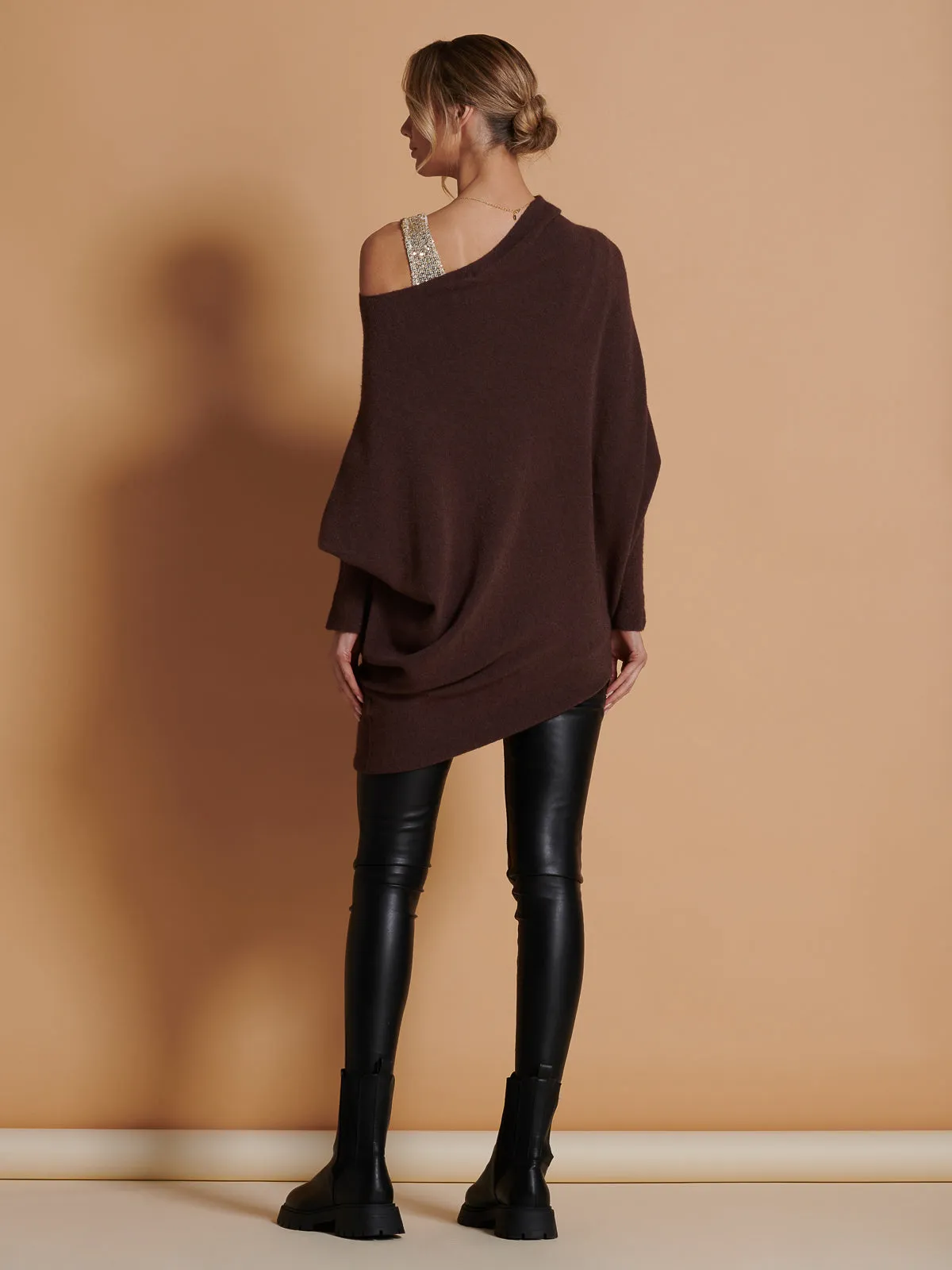 Made in Italy Asymmetric Draped Knit Jumper, Chocolate