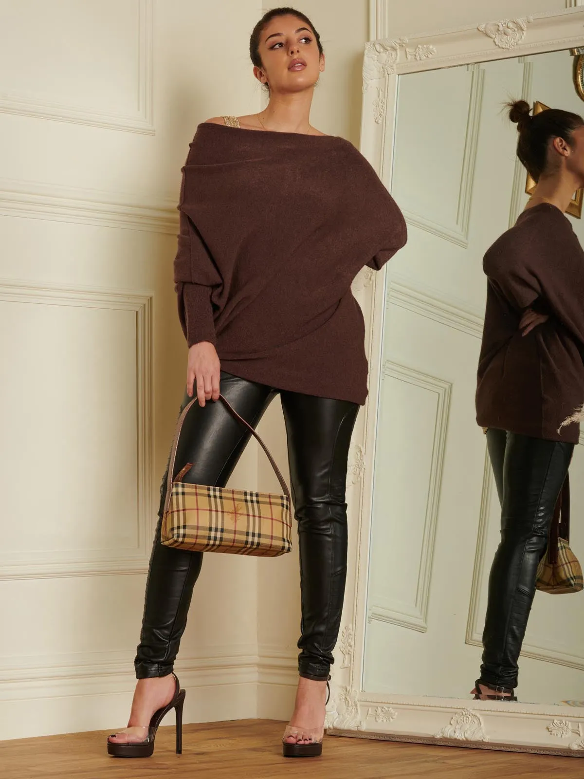 Made in Italy Asymmetric Draped Knit Jumper, Chocolate