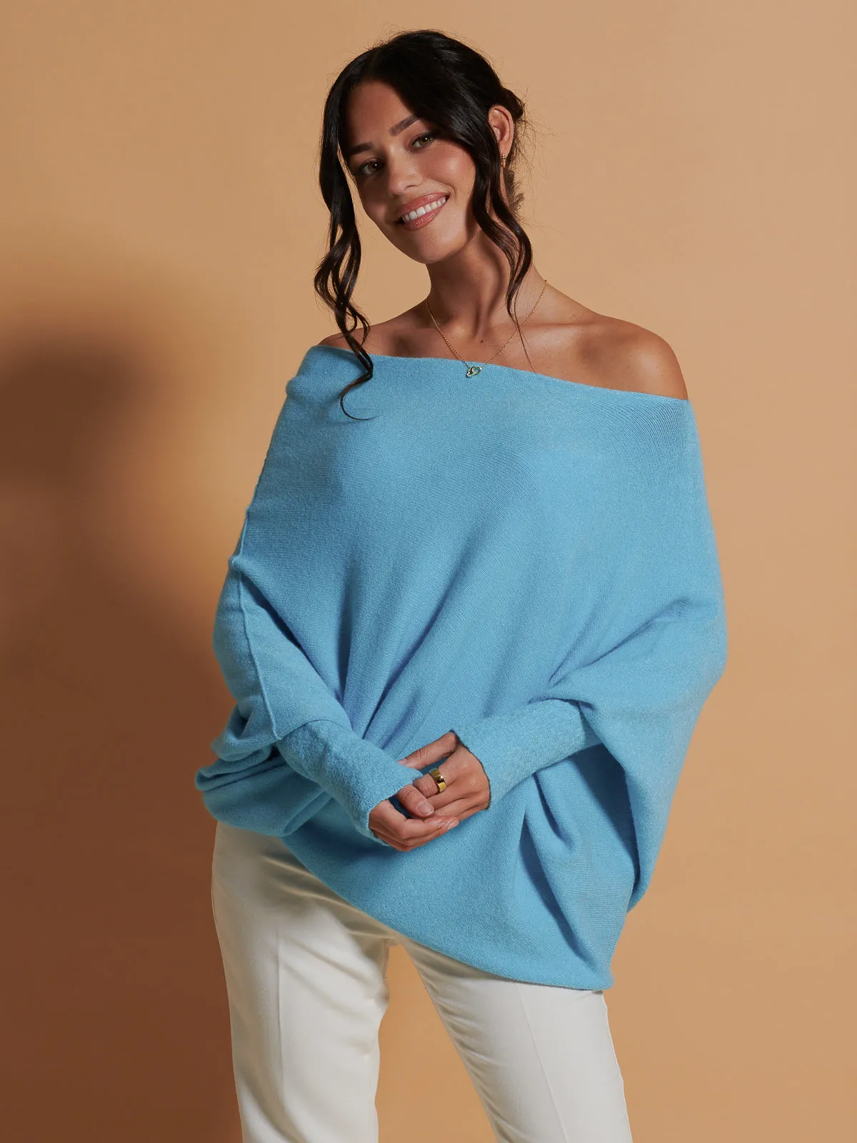 Made In Italy Asymmetric Draped Soft Knit Jumper, Light Blue