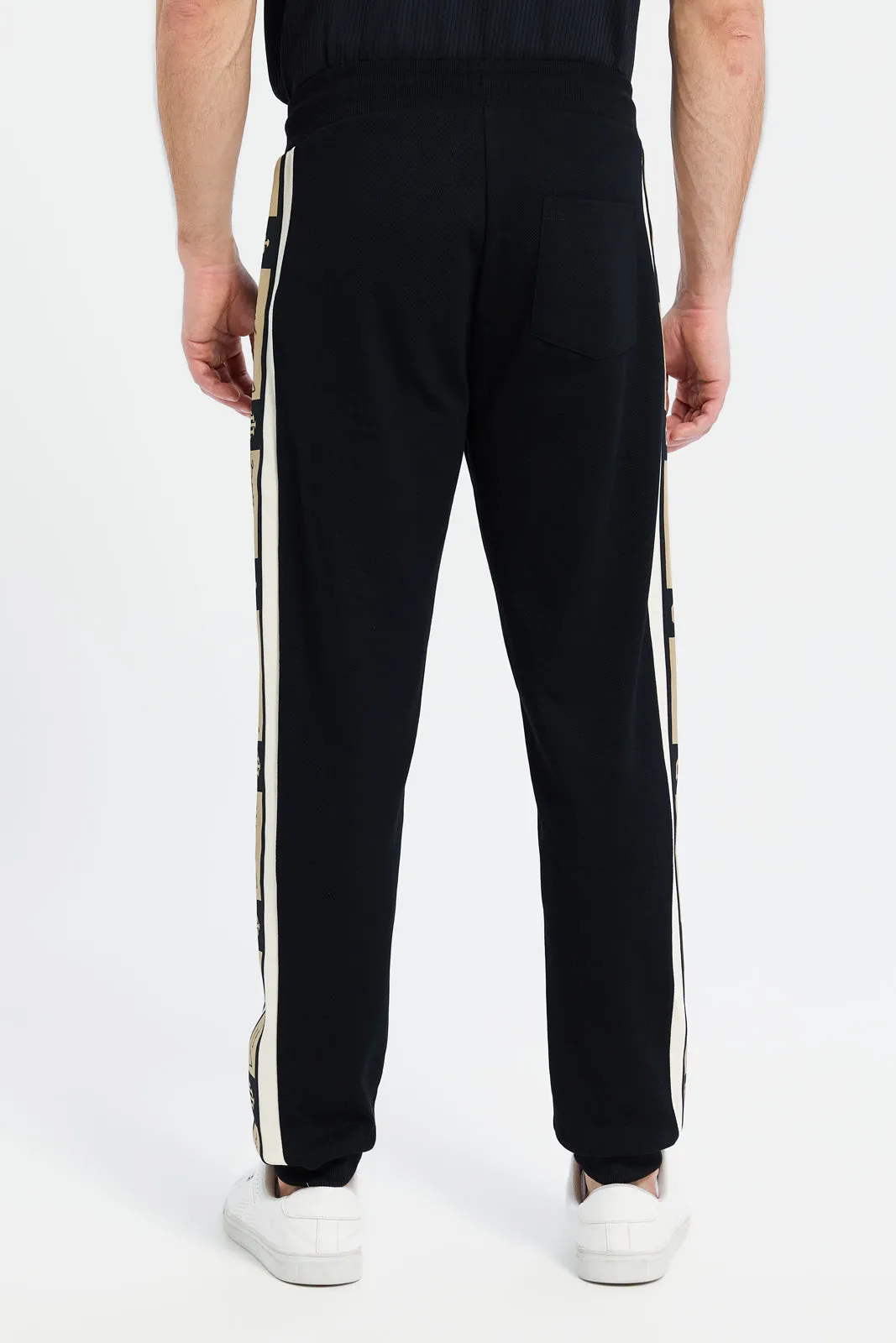 Men Black Joggers With Tape Sides Application