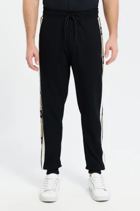 Men Black Joggers With Tape Sides Application