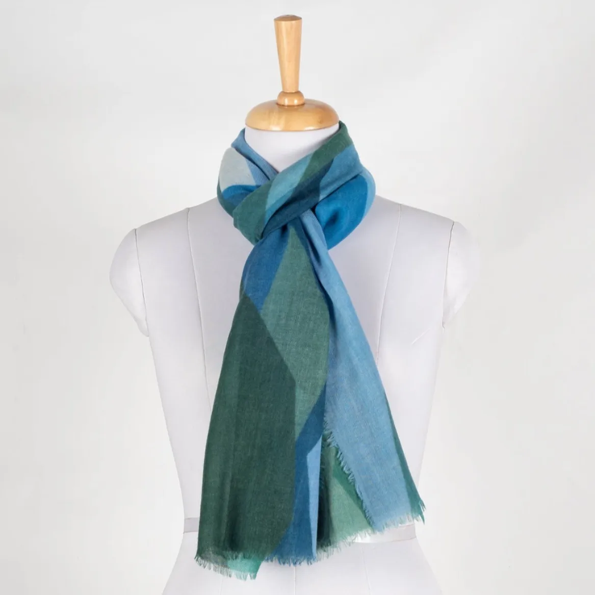 Merino Wool Scarf - Green Multi Abstract Peaks