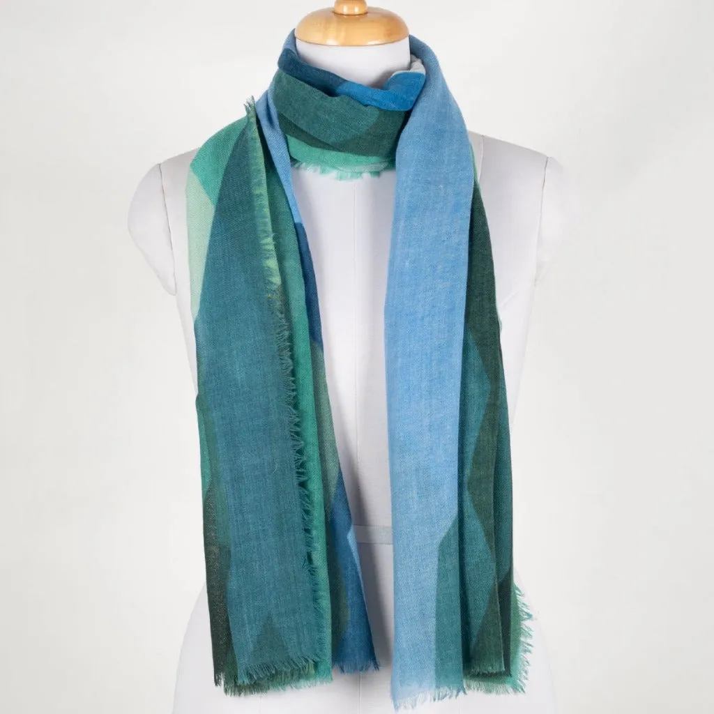 Merino Wool Scarf - Green Multi Abstract Peaks