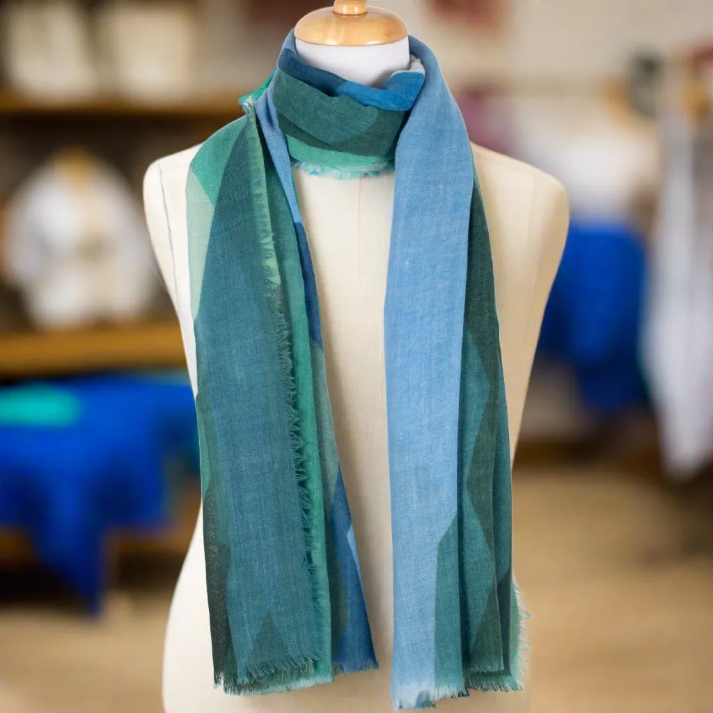 Merino Wool Scarf - Green Multi Abstract Peaks